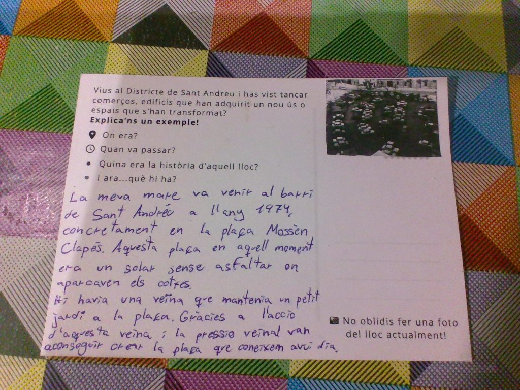 Postal escrita per l'alumnat sobre la transformació del barri de Sant Andreu i la gentrificació